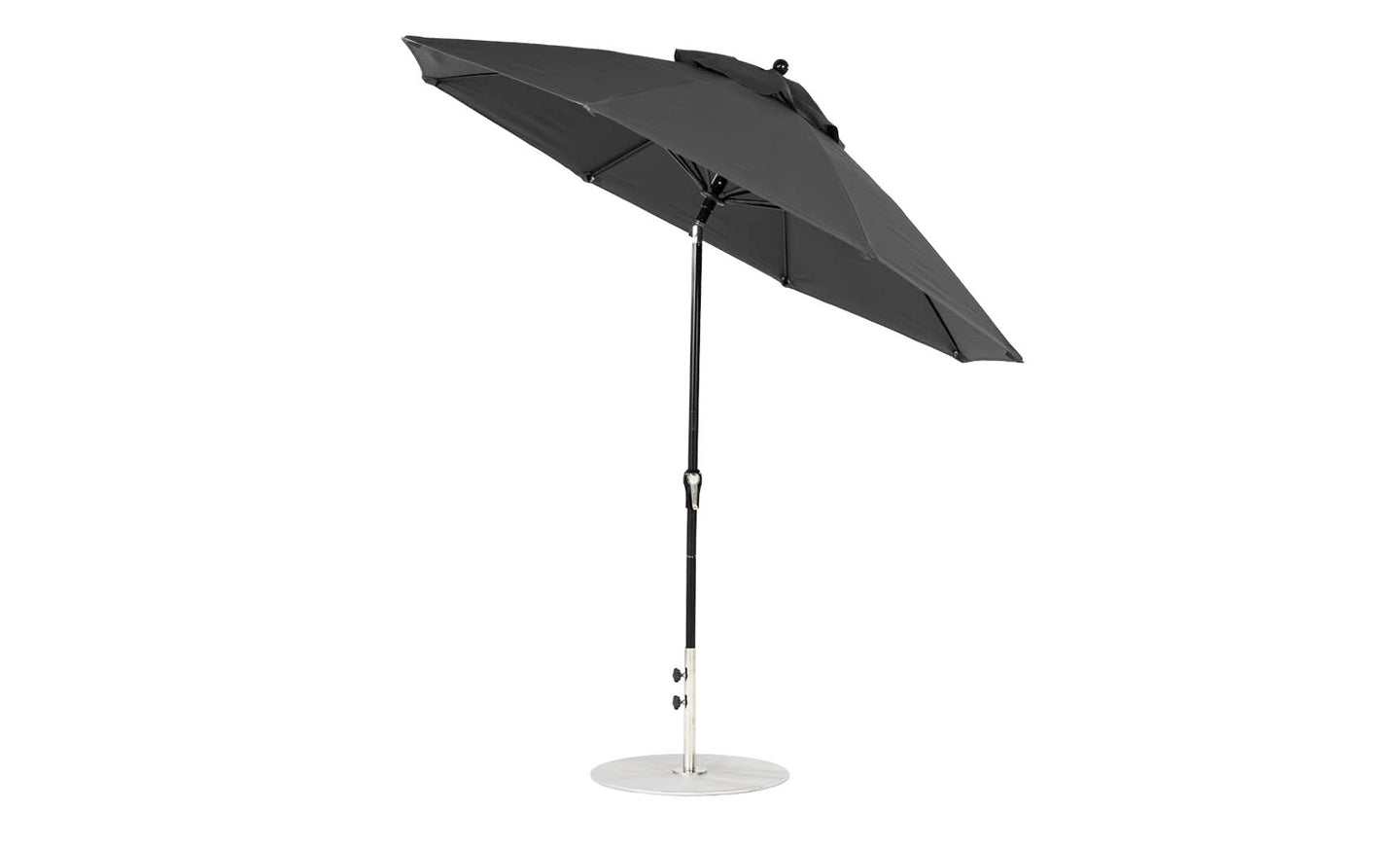 A 9 octagon crank auto tilt black umbrella by Ledge Lounger features a silver pole and base, crafted from marine-grade fabrics. The open, tilted position reveals its sturdy underside and support framework, with a round metallic base ensuring stability.