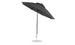 A 9 octagon crank auto tilt black umbrella by Ledge Lounger features a silver pole and base, crafted from marine-grade fabrics. The open, tilted position reveals its sturdy underside and support framework, with a round metallic base ensuring stability.