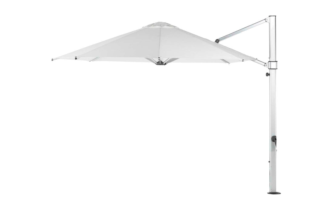 The Ultra Cantilever Umbrella by Ledge Lounger features a minimalist white octagonal canopy and adjustable arm, perfect for enhancing any patio. Its sleek, modern design on a plain white background can integrate an outdoor umbrella light for added functionality.