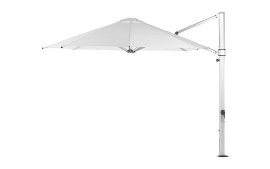 The Ultra Cantilever Umbrella by Ledge Lounger features a minimalist white octagonal canopy and adjustable arm, perfect for enhancing any patio. Its sleek, modern design on a plain white background can integrate an outdoor umbrella light for added functionality.
