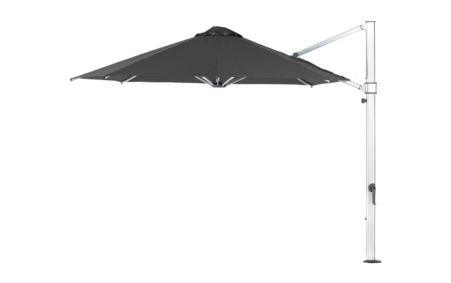 The Ultra Cantilever Umbrella - 11 Octagon by Ledge Lounger is a large black patio umbrella with a sturdy metal frame and side crank. Its sleek design enhances patio spaces, and adding an outdoor umbrella light can provide evening charm.