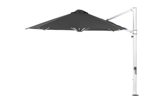 The Ultra Cantilever Umbrella - 11 Octagon by Ledge Lounger is a large black patio umbrella with a sturdy metal frame and side crank. Its sleek design enhances patio spaces, and adding an outdoor umbrella light can provide evening charm.