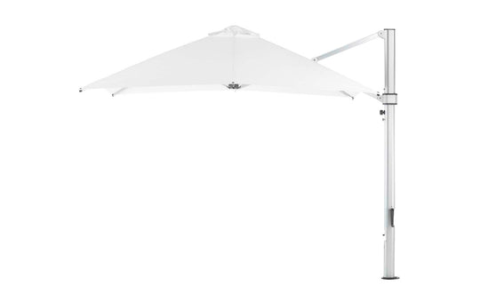A white Ultra Cantilever Umbrella - 10 Square by Ledge Lounger features a metal stand and adjustable arm with an open triangular canopy for shade. Pair it with a rechargeable outdoor umbrella light for evening illumination.