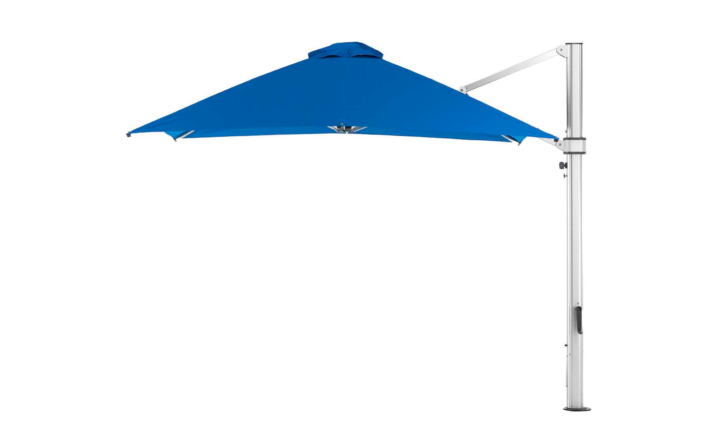 The Ultra Cantilever Umbrella by Ledge Lounger is a 10 square blue umbrella with a silver pole, providing adjustable shade and featuring an integrated rechargeable light. Its sleek open design is slightly tilted, making it ideal for modern outdoor evening illumination.
