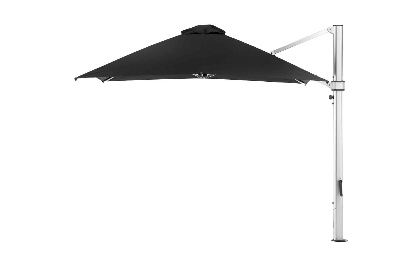 The Ledge Lounger Ultra Cantilever Umbrella - 10 Square features a large black canopy with a sturdy white metal pole and an integrated rechargeable light, standing against a plain white background.