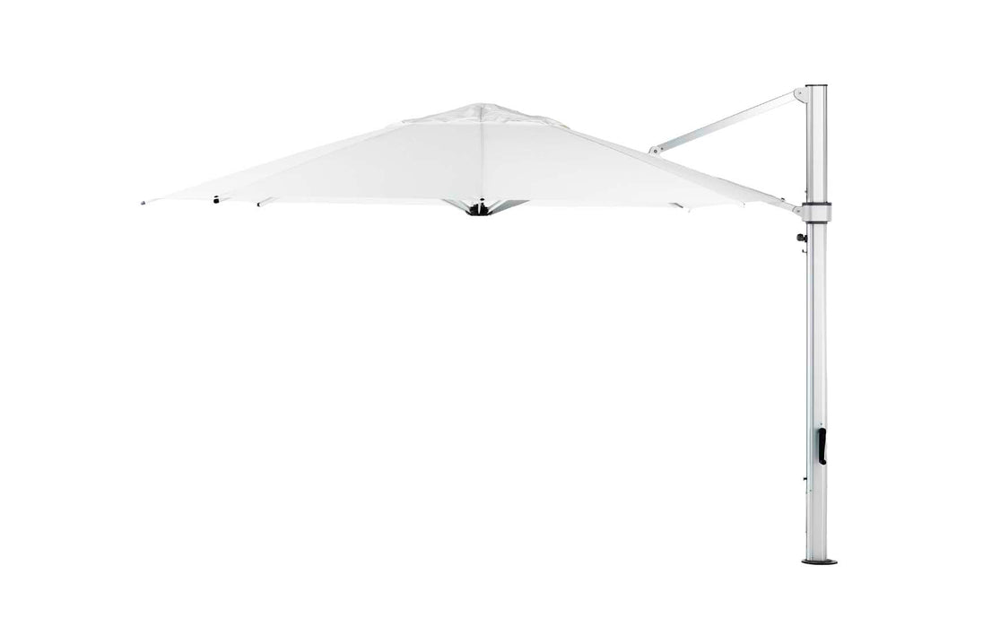 The Ledge Loungers Ultra Cantilever Umbrella - 13 Octagon is a large white patio umbrella with a metal pole and crank handle, featuring a rechargeable umbrella light. The extended canopy secured by a horizontal arm casts a welcoming glow over your patio space.