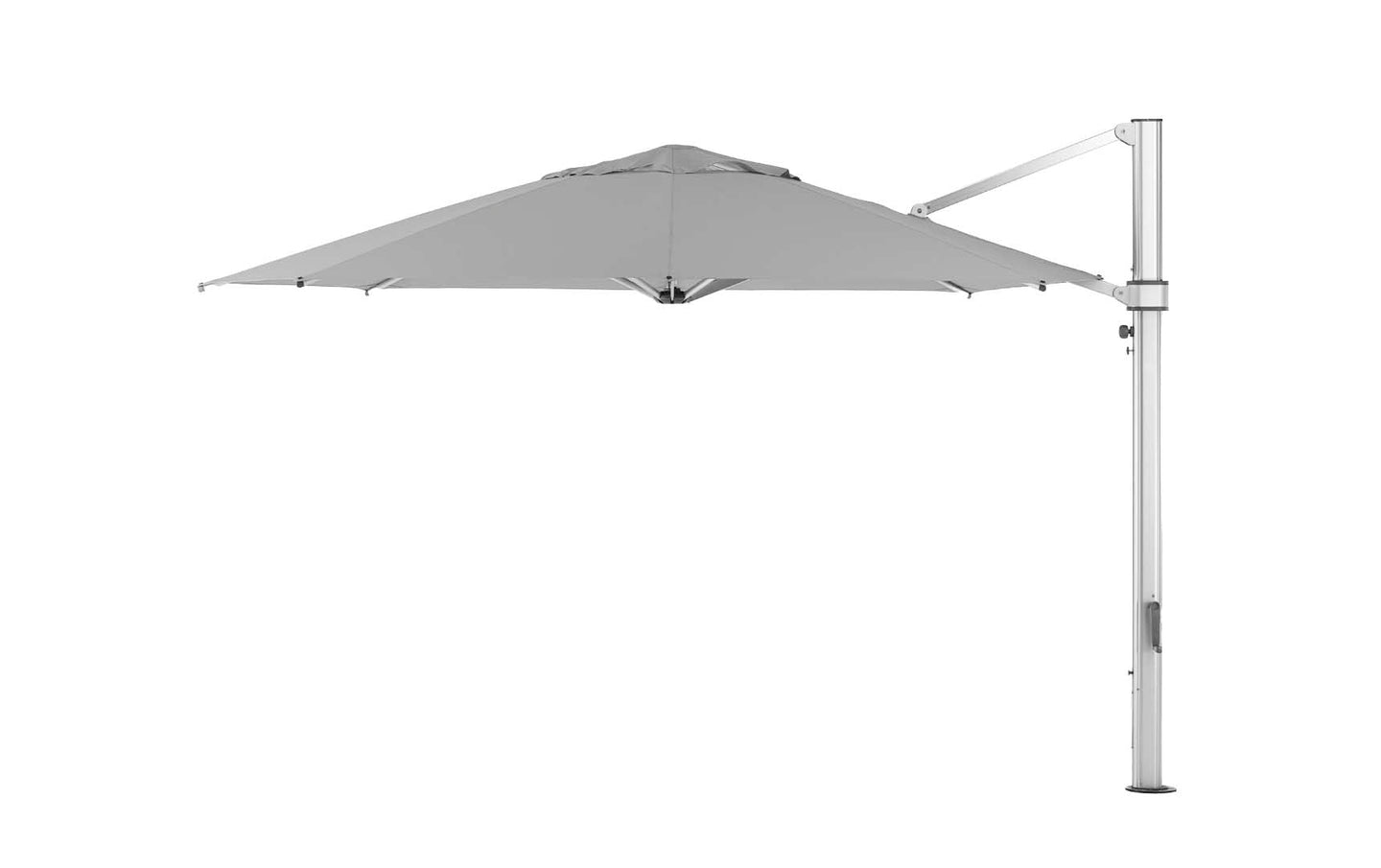The Ledge Lounger Ultra Cantilever Umbrella - 13 Octagon is a large, gray patio umbrella with a side-mounted pole, adjustable lever, and vertical silver metallic post. It includes a rechargeable light to illuminate your patio space while providing ample shade.