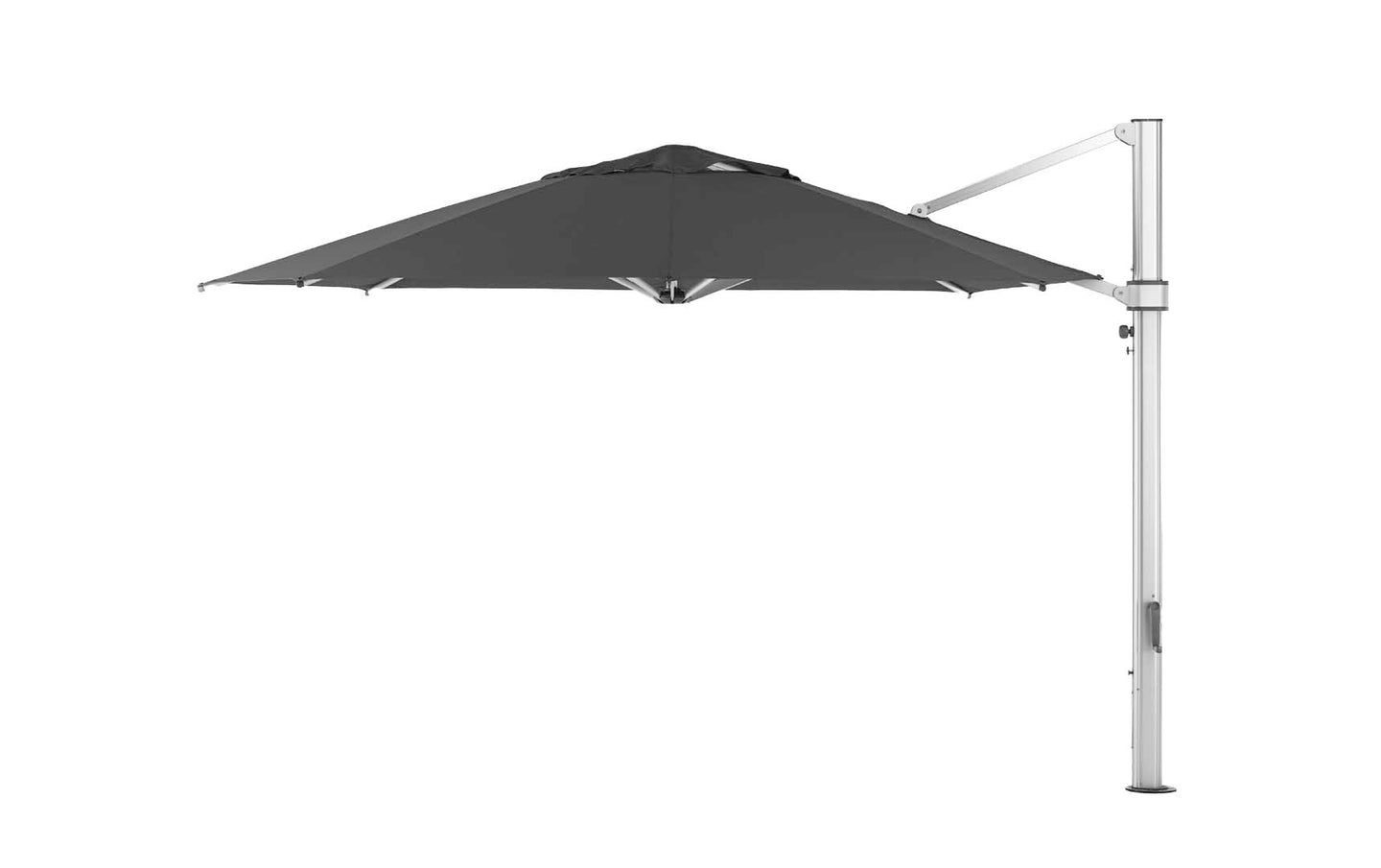 The Ultra Cantilever Umbrella - 13 Octagon by Ledge Lounger is a black, outdoor umbrella with a side pole and adjustable arm. Its sleek, modern design features a sturdy metallic frame and offers evening elegance with an included rechargeable umbrella light.