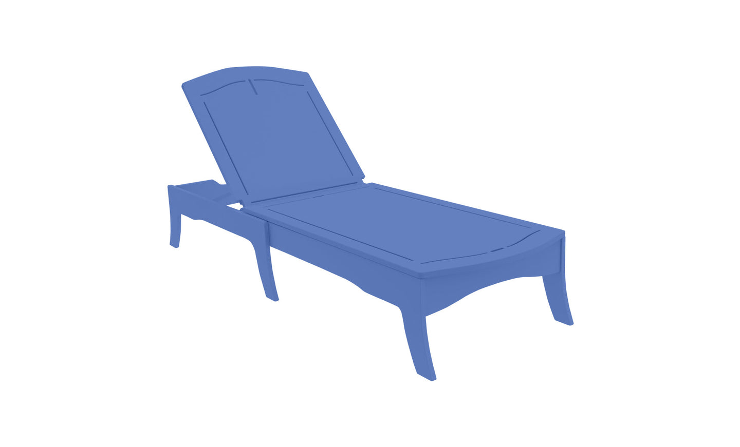The Legacy Chaise by Ledge Lounger is a minimalist blue chair with an adjustable backrest, offering multiple reclining options. Its clean, rectangular design enhances any outdoor space or poolside. The backdrop is plain white.