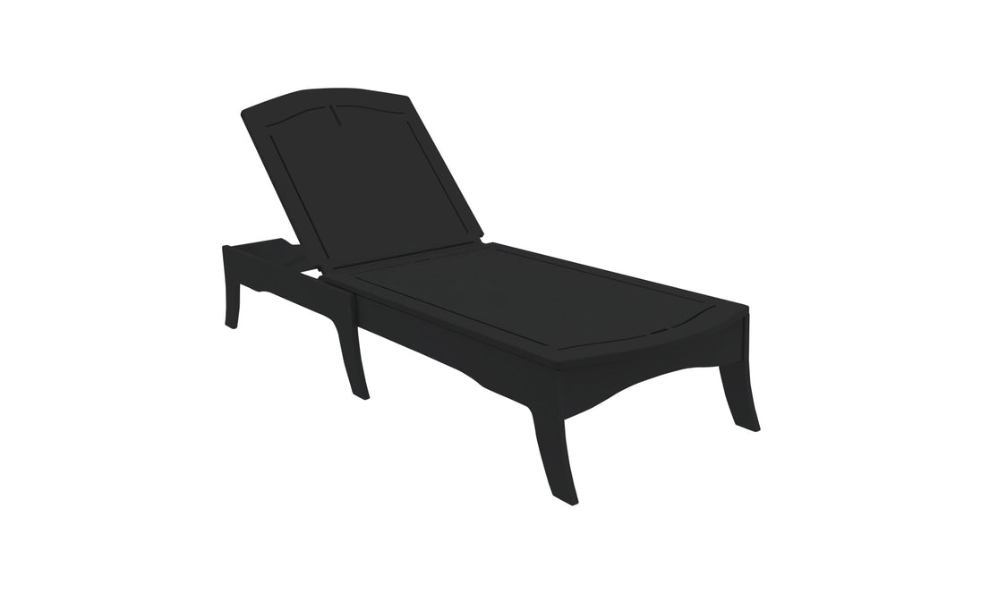 The Ledge Lounger Legacy Chaise, a sleek black design with an adjustable backrest, features clean lines and versatile reclining positions. Set against a white background, it enhances any outdoor space with its elegance.