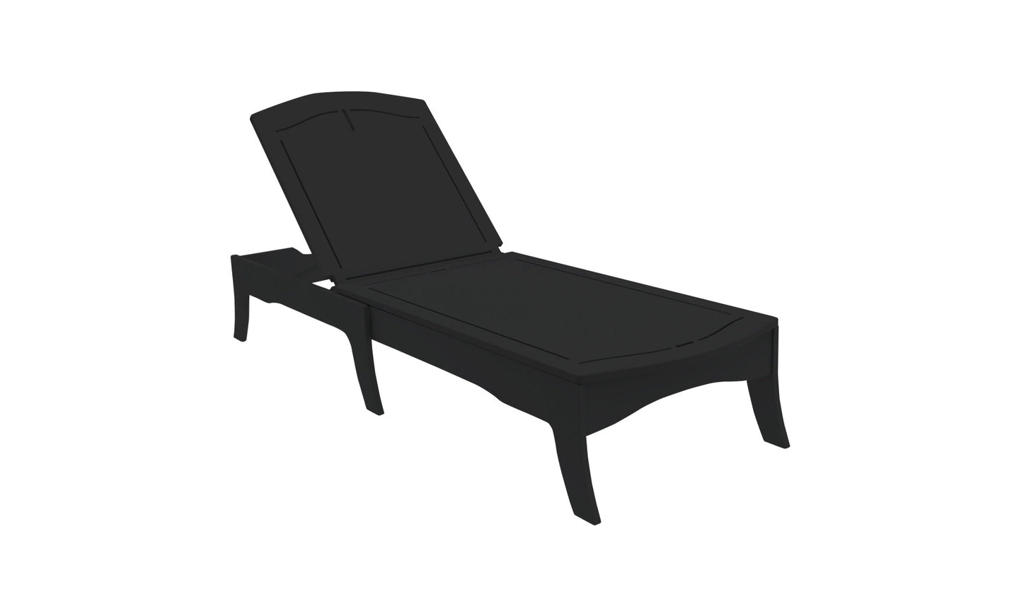 The Ledge Lounger Legacy Chaise, a sleek black design with an adjustable backrest, features clean lines and versatile reclining positions. Set against a white background, it enhances any outdoor space with its elegance.