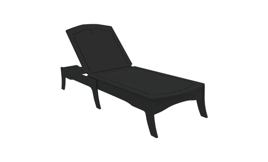 The Ledge Lounger Legacy Chaise, a sleek black design with an adjustable backrest, features clean lines and versatile reclining positions. Set against a white background, it enhances any outdoor space with its elegance.