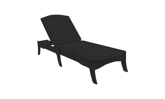 The Ledge Lounger Legacy Chaise, a sleek black design with an adjustable backrest, features clean lines and versatile reclining positions. Set against a white background, it enhances any outdoor space with its elegance.