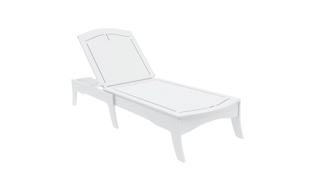 The Ledge Loungers Legacy Chaise is a white slatted outdoor lounge with elegant frame curves, providing multiple reclining positions for enhanced comfort and back support.
