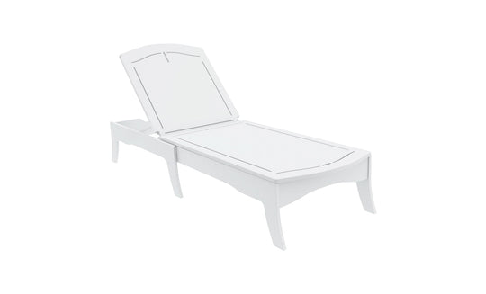 The Ledge Loungers Legacy Chaise is a white slatted outdoor lounge with elegant frame curves, providing multiple reclining positions for enhanced comfort and back support.