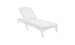 The Ledge Loungers Legacy Chaise is a white slatted outdoor lounge with elegant frame curves, providing multiple reclining positions for enhanced comfort and back support.