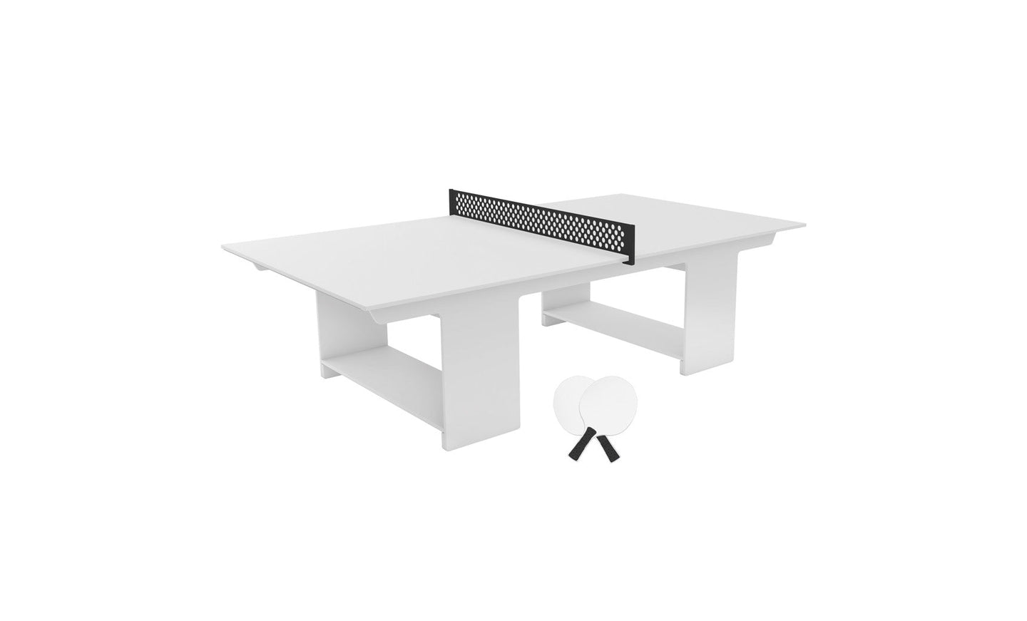 The Ledge Lounger Table Tennis Set is a perfect choice for outdoor entertainment, offering a modern minimalist design with a sleek white table featuring a black net. It includes two white paddles and sturdy rectangular legs, ensuring stability and style for any ping pong enthusiast.