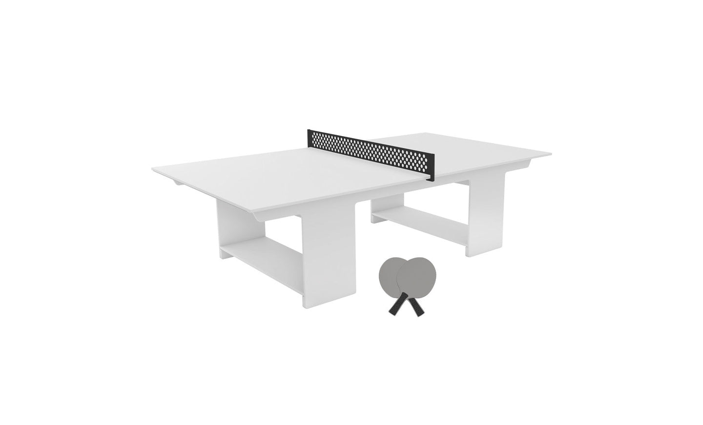 The Ledge Lounger Table Tennis Set features a modern white table with a black net and two black paddles, offering a sleek, minimalistic design ideal for both indoor and outdoor recreational spaces.