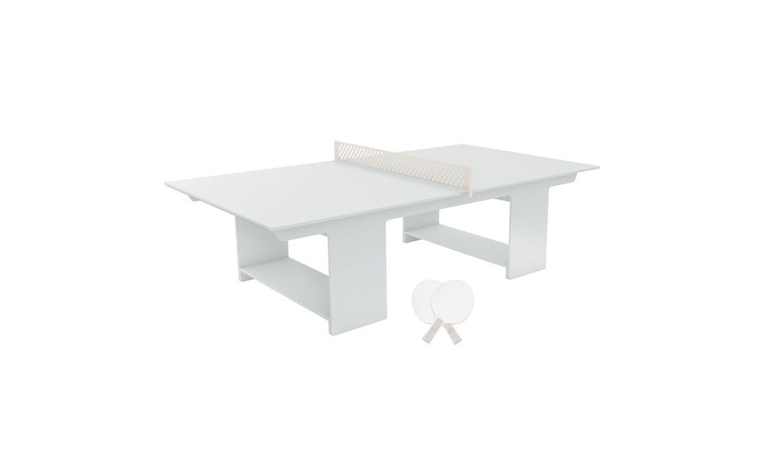 Enhance your outdoor entertainment with the Ledge Lounger Table Tennis Set. This sleek, minimalist design features a white table, net, two white paddles, and balls—all set against a simple white backdrop—ideal for any ping pong enthusiast.