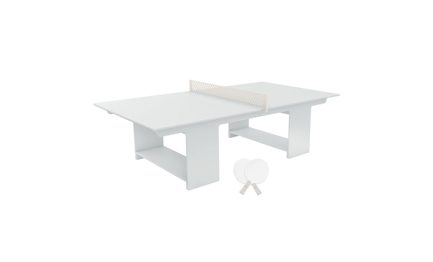 Enhance your outdoor entertainment with the Ledge Lounger Table Tennis Set. This sleek, minimalist design features a white table, net, two white paddles, and balls—all set against a simple white backdrop—ideal for any ping pong enthusiast.