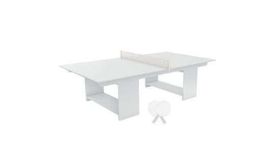 Enhance your outdoor entertainment with the Ledge Lounger Table Tennis Set. This sleek, minimalist design features a white table, net, two white paddles, and balls—all set against a simple white backdrop—ideal for any ping pong enthusiast.