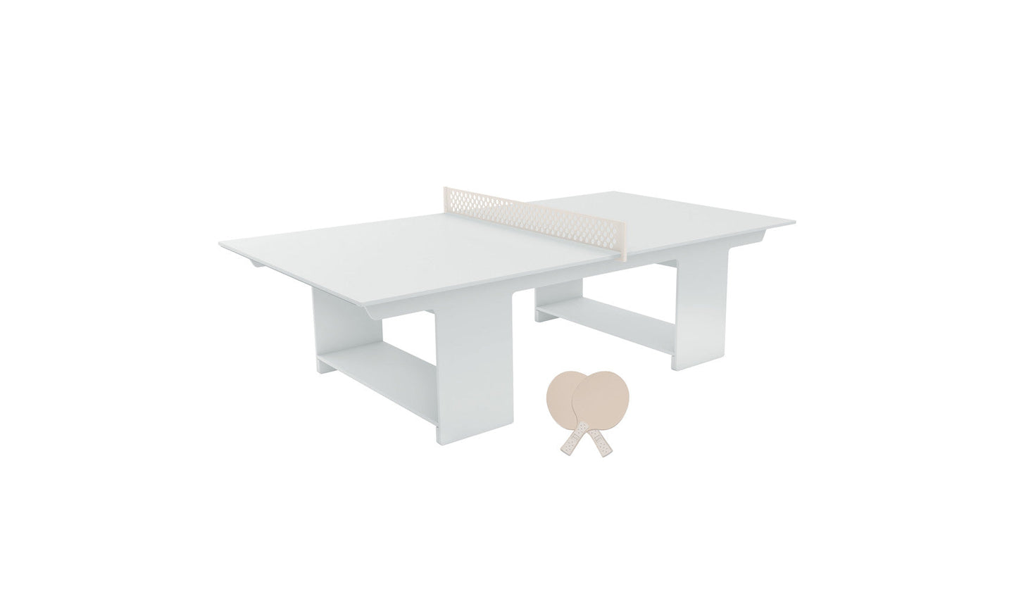 The Ledge Lounger Table Tennis Set offers a minimalist white setup with a central net, ideal for outdoor fun. Two pale wooden paddles and a ball are ready for your next ping pong game, embodying relaxed play in the open air.