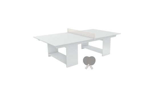 The Ledge Lounger Table Tennis Set, a minimalist white design with a simple net, is perfect for outdoor entertainment. Two sleek paddles complement the clean, modern aesthetic, ideal for any ping pong enthusiast.