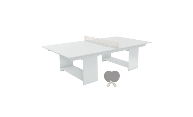 The Ledge Lounger Table Tennis Set, a minimalist white design with a simple net, is perfect for outdoor entertainment. Two sleek paddles complement the clean, modern aesthetic, ideal for any ping pong enthusiast.