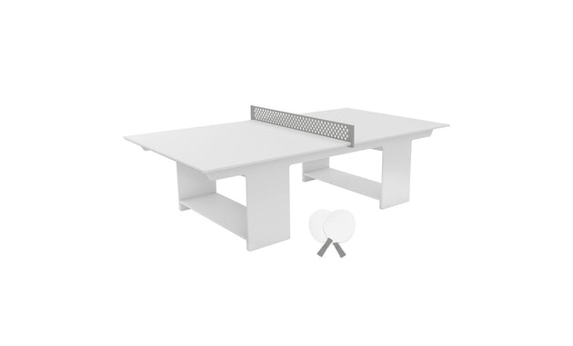 Ledge Loungers stylish Table Tennis Set features a minimalist white ping pong table with a central net, perfect for outdoor fun. Two white paddles rest at the corner, completing the elegant setup.