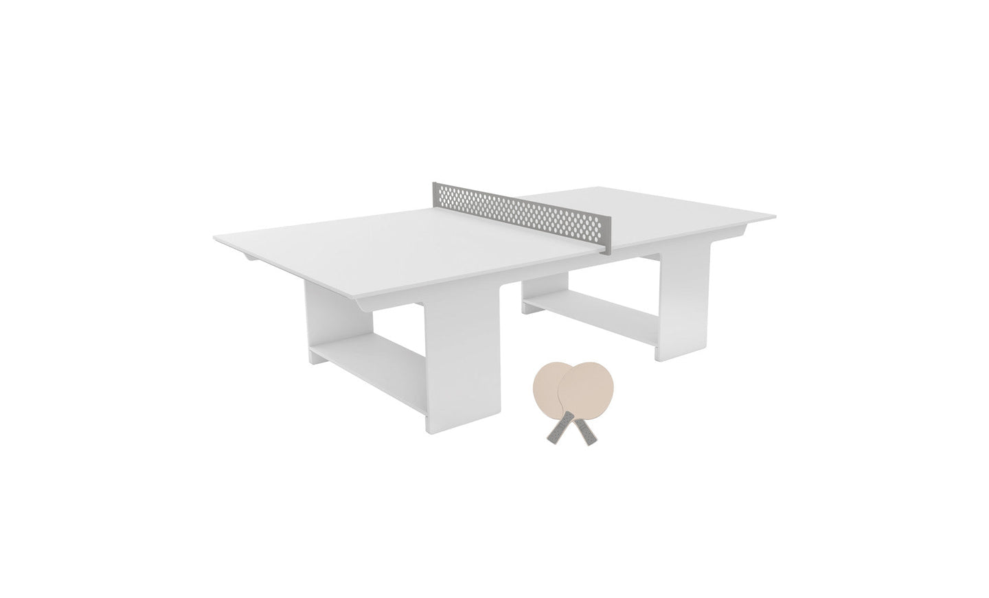 The Ledge Lounger Table Tennis Set is a modern white piece perfect for outdoor fun, featuring a sleek rectangular design. It includes a centrally positioned net and wooden paddles neatly arranged on the floor.
