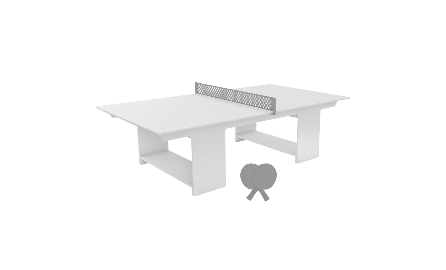 The Ledge Lounger Table Tennis Set features a white table with a net and includes two ping pong paddles, ideal for outdoor fun.