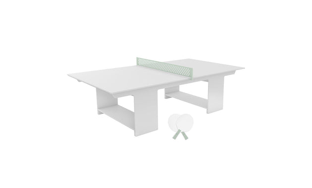 The Ledge Lounger Table Tennis Set is perfect for outdoor fun, featuring a miniature rectangular table with a green net, two small white paddles with green handles, and a ping pong ball.
