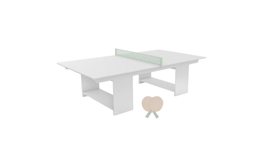 The Ledge Loungers minimalist white Table Tennis Set, featuring a rectangular table, light green net, and two wooden paddles, is perfect for outdoor entertainment and endless fun with friends and family.