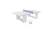 The Ledge Lounger Table Tennis Set offers a sleek white design with a solid blue net and two white paddles, making it a stylish and functional choice for outdoor entertainment.