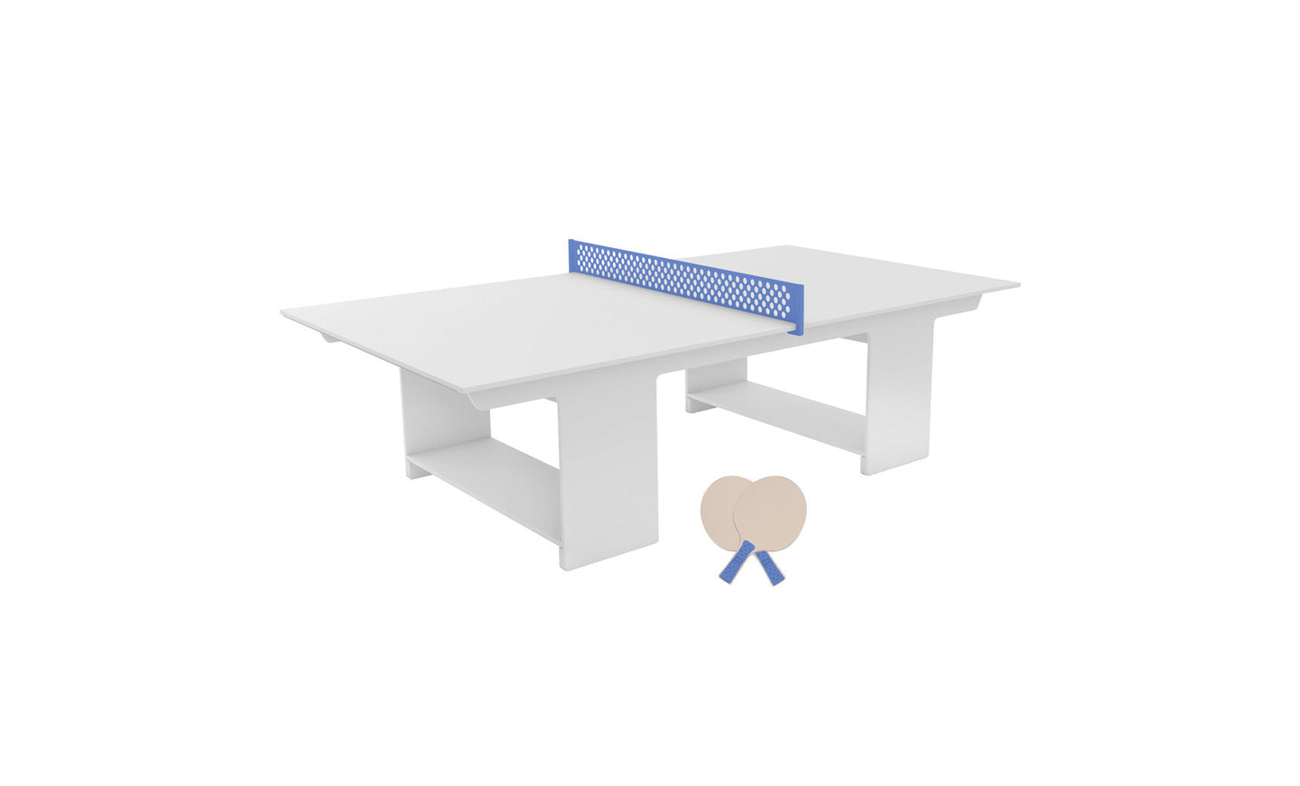 The Ledge Lounger Table Tennis Set includes a white table with a blue net across the center. It also features two beige paddles with blue handles, perfect for outdoor fun. The set is showcased on a plain white background.