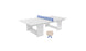 The Ledge Lounger Table Tennis Set includes a white table with a blue net across the center. It also features two beige paddles with blue handles, perfect for outdoor fun. The set is showcased on a plain white background.