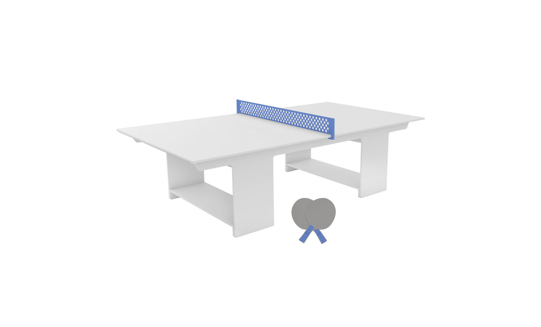 The Ledge Lounger Table Tennis Set features a minimalist white table with a blue net and includes two gray paddles resting together, offering a simple, modern design ideal for outdoor entertainment.
