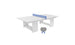 The Ledge Lounger Table Tennis Set features a minimalist white table with a blue net and includes two gray paddles resting together, offering a simple, modern design ideal for outdoor entertainment.