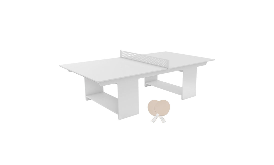 The Ledge Lounger Table Tennis Set includes a mesh net, two beige paddles, and a ping pong ball. Designed with sleek rectangular legs and minimalist elegance, it’s perfect for outdoor fun.