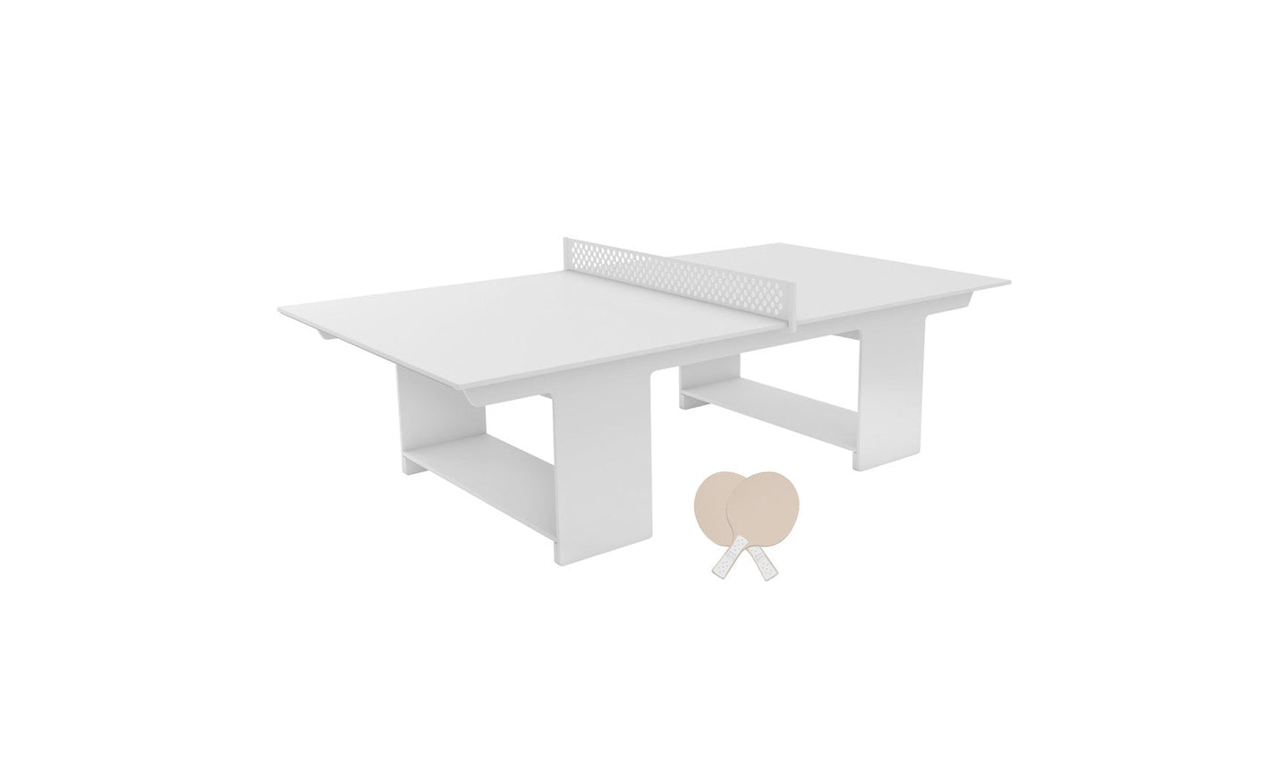 The Ledge Lounger Table Tennis Set includes a mesh net, two beige paddles, and a ping pong ball. Designed with sleek rectangular legs and minimalist elegance, it’s perfect for outdoor fun.