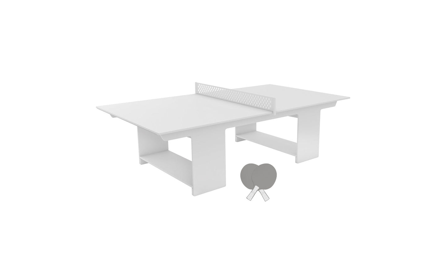 The Ledge Lounger Table Tennis Set features a sleek white design with a perfectly stretched net and two gray paddles, ideal for outdoor entertainment. Its modern, minimalist style adds elegance to any gathering.
