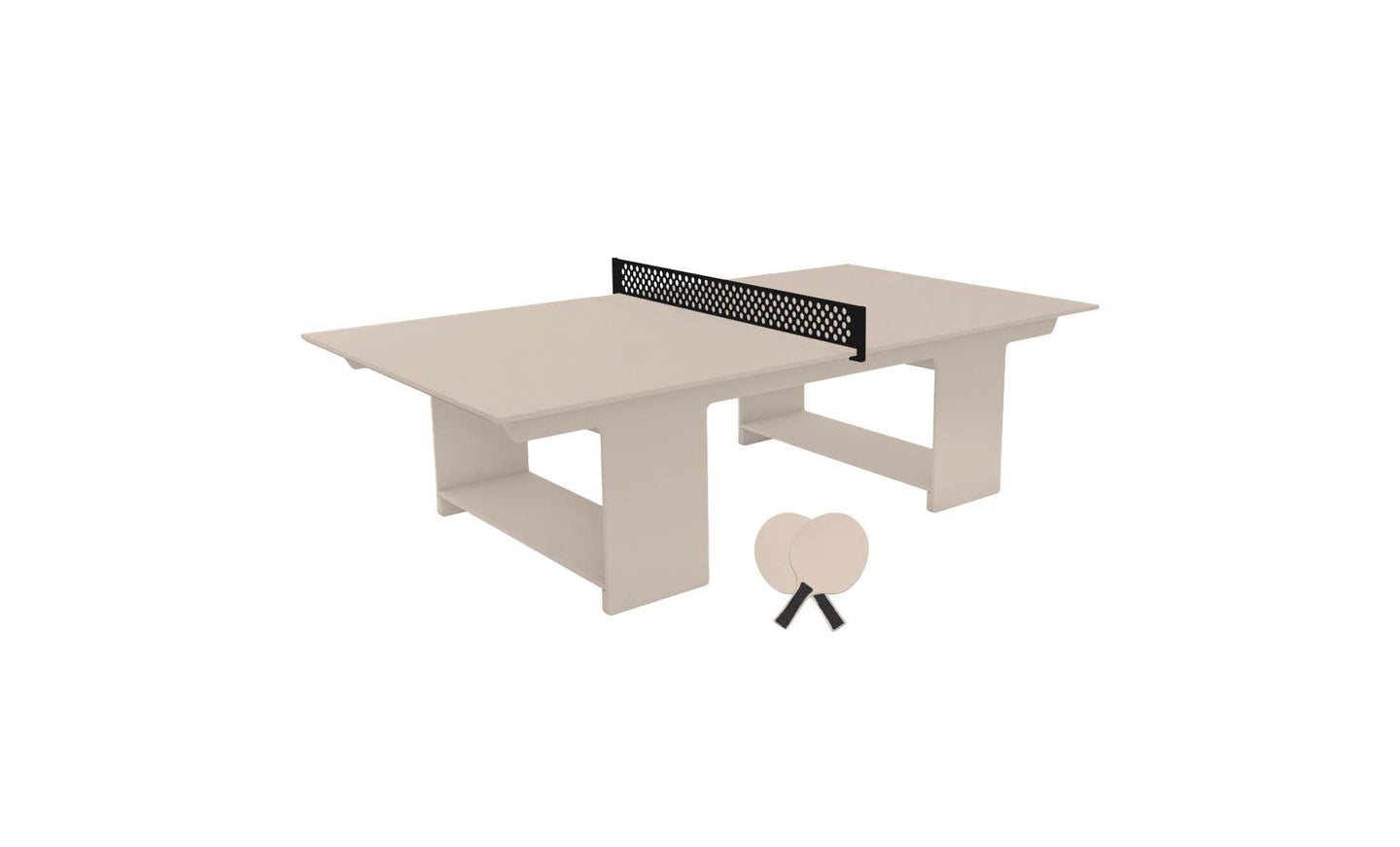 The Ledge Lounger beige Table Tennis Set includes a minimalist table, black net, and two sleek beige paddles, ideal for outdoor entertainment.