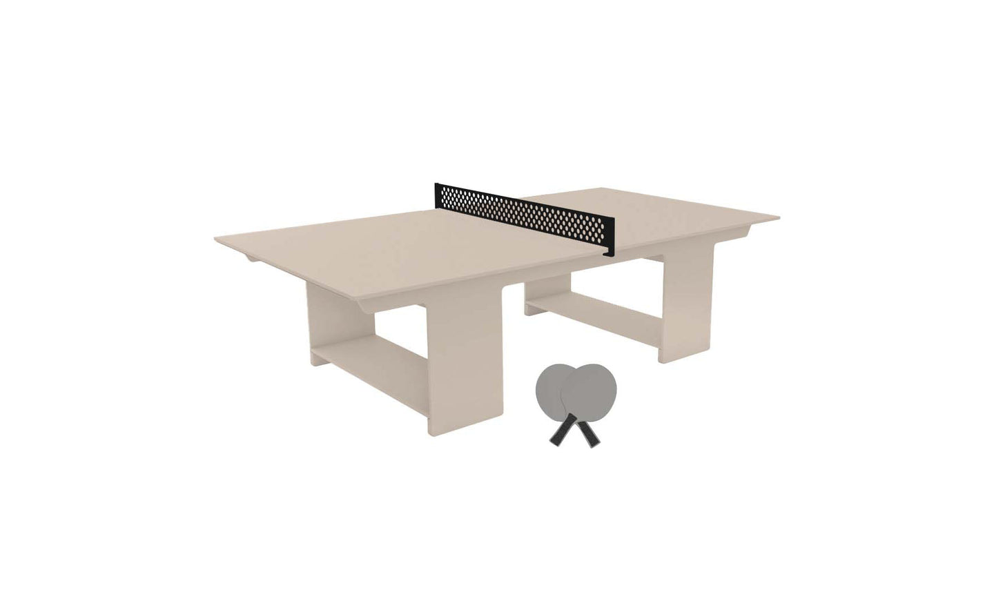 The Ledge Lounger Table Tennis Set features a minimalist white table with sturdy rectangular legs, ideal for outdoor fun. It includes a black net and two grey paddles, promising endless entertainment.
