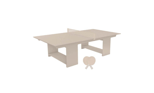 The minimalist Table Tennis Set by Ledge Lounger features a beige table with a central net atop a matching base, accompanied by two paddles and a ball for stylish outdoor entertainment.