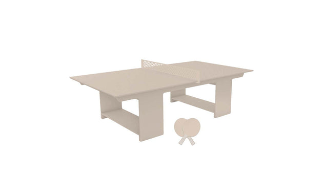 The minimalist Table Tennis Set by Ledge Lounger features a beige table with a central net atop a matching base, accompanied by two paddles and a ball for stylish outdoor entertainment.