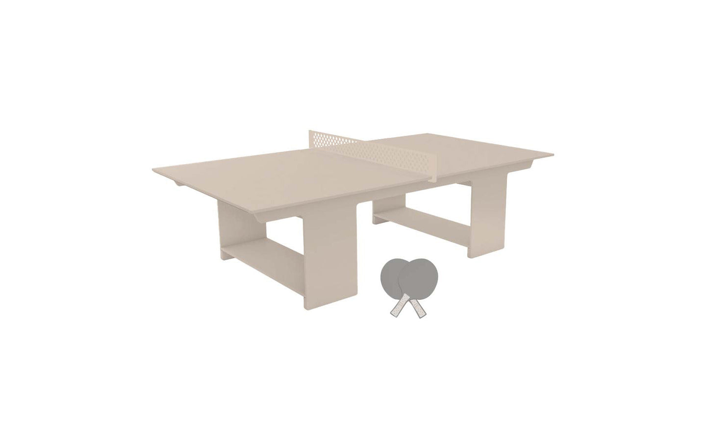A minimalist 3D rendering showcases the Ledge Lounger Table Tennis Set, featuring a beige table with a net and two simple gray paddles. Ideal for outdoor entertainment, this elegant scene is set against a white background.