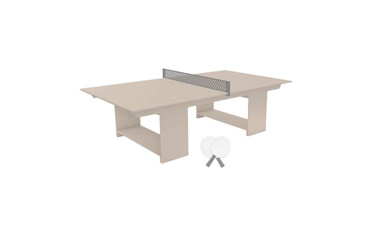The Ledge Lounger Table Tennis Set, featuring a beige table with a white net, includes two white paddles and a ball. Its modern, minimalist design is ideal for outdoor entertainment.