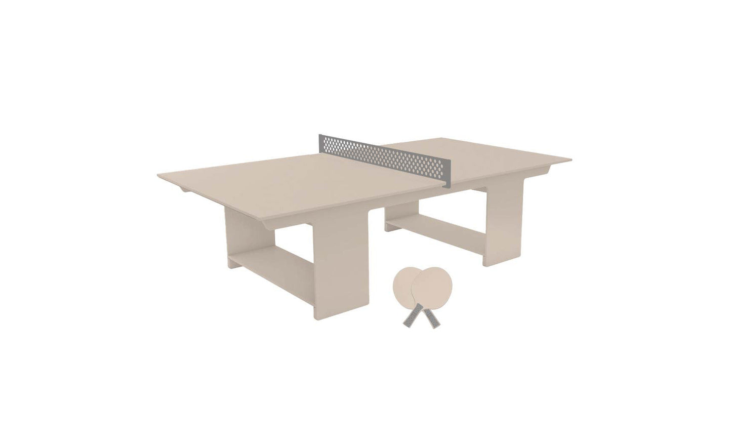 The Ledge Lounger Table Tennis Set, featuring a ping pong table, net, and two paddles, rests against the tables side on a pristine white background, offering perfect outdoor entertainment.