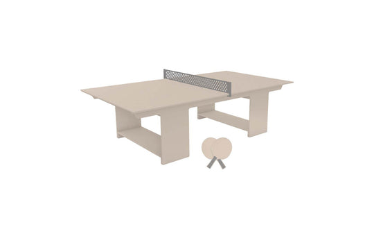 The Ledge Lounger Table Tennis Set, featuring a ping pong table, net, and two paddles, rests against the tables side on a pristine white background, offering perfect outdoor entertainment.