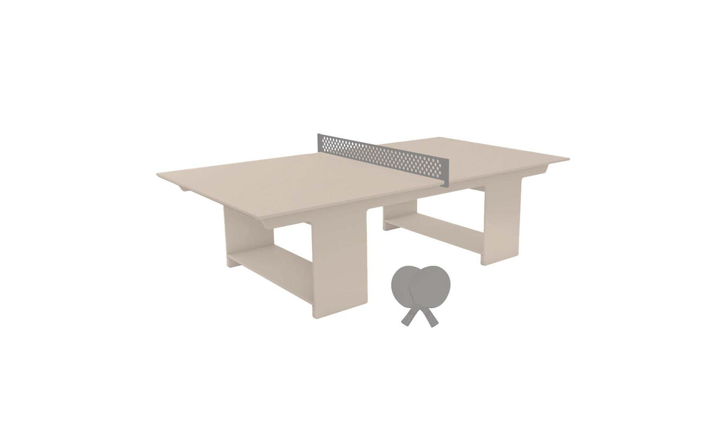 The Ledge Lounger Table Tennis Set features a light-colored table with a central net, ready for play with two paddles and a ball. Ideal for outdoor fun, the minimalist setup contrasts beautifully against the plain white background.